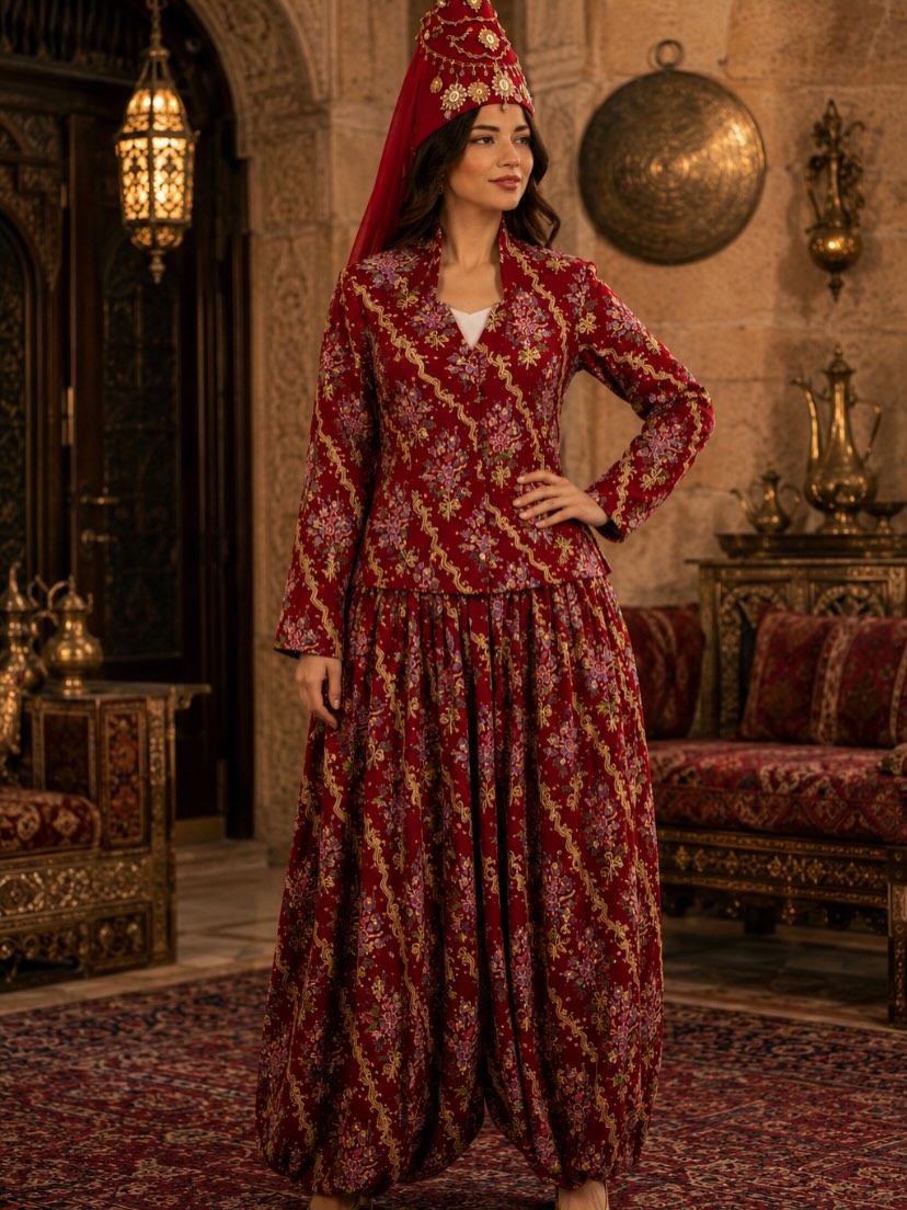 Bordo Sırma İşlemeli Şalvar Takımı