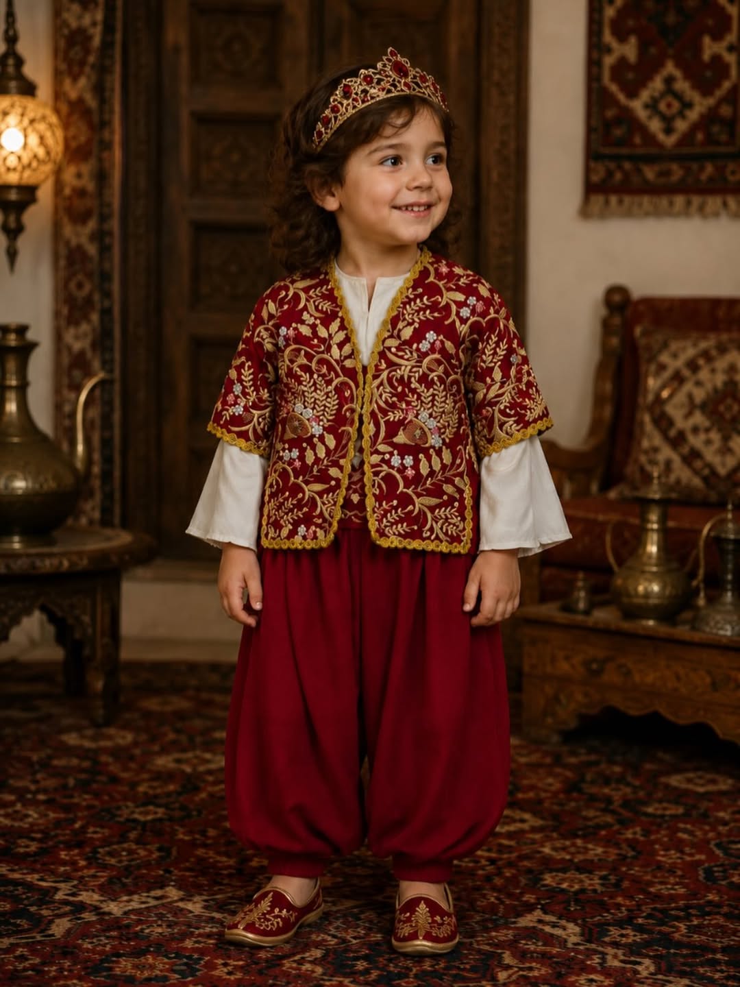 Çocuk Bordo Sırma Yelekli Şalvar Takımı